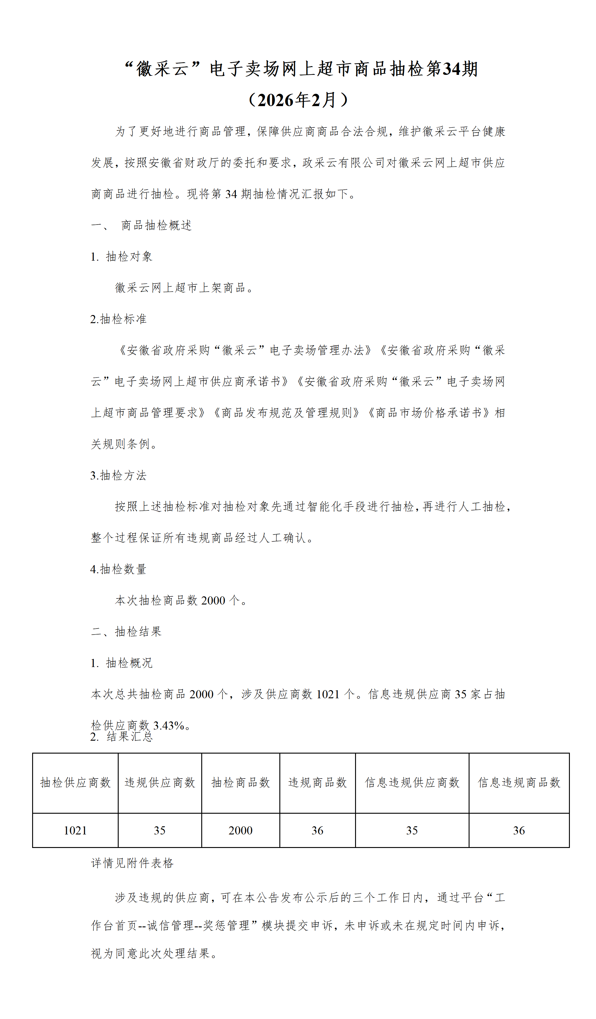 “徽采云”电子卖场网上超市商品抽检第34期 (2026年2月)